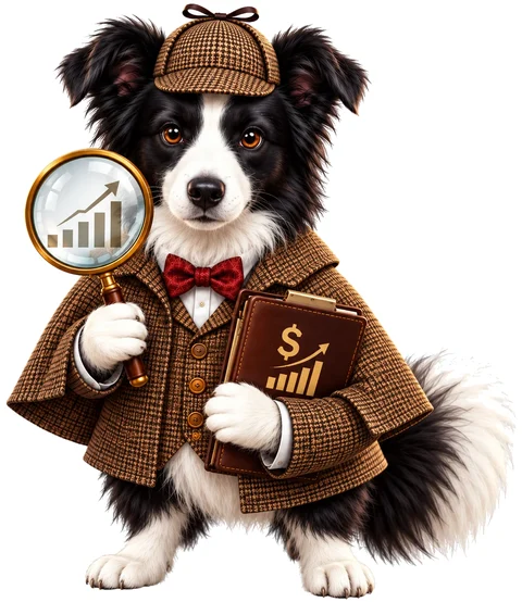 Our mascot: a border collie dressed as Sherlock Holmes, holding a magnifying glass and a folder of charts